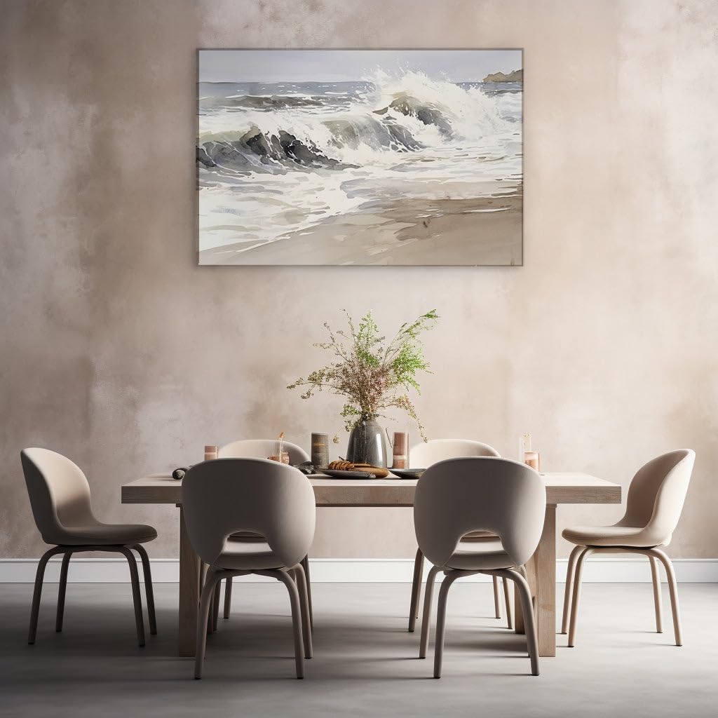 Canvas for Living room. Crashing Waves and Brooding Skies: Capturing the Serenity of a Beachscape in Monochrome, 27 x 18 inch Canvas Wall Art - Contemporary Masterpieces - Modern Home Decor