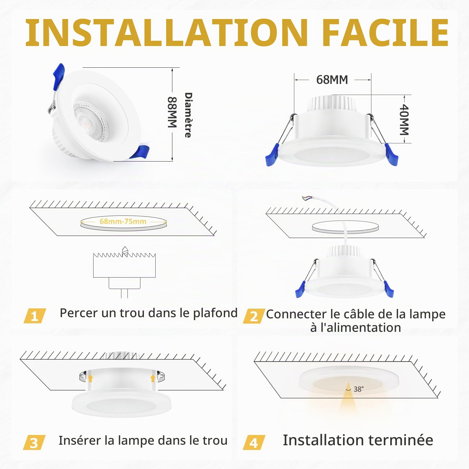 Spot LED Encastrable 230V 4000K IP65 Spot Salle de Bain 68-75mm 6PCS Blanc