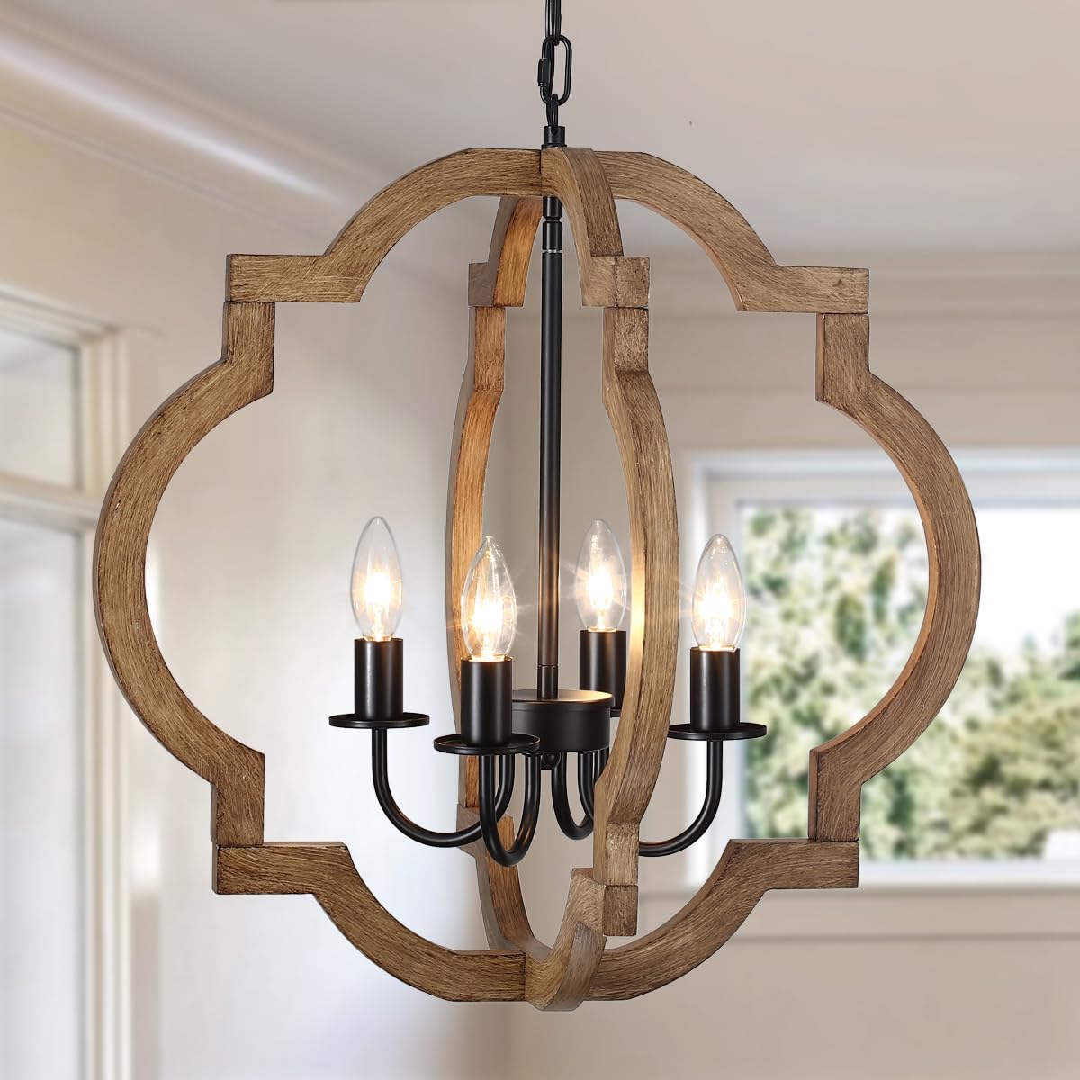 21.65'' Farmhouse Wood Chandelier, Rustic Orb Chandelier for Dining Room, 4-Light Pendant Light for Kitchen Island Hallway Foyer Entryway Bedroom, Adjustable Height