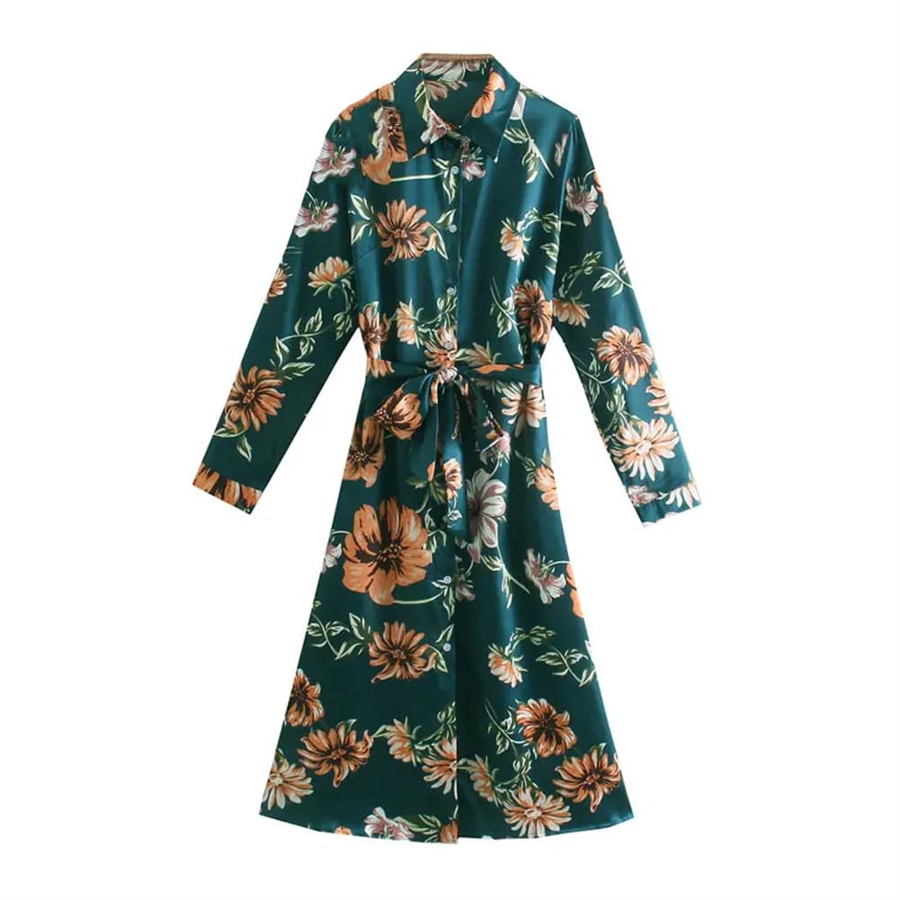 Vestido camisero de manga larga con estampado floral para mujer, vestido midi suave y liso