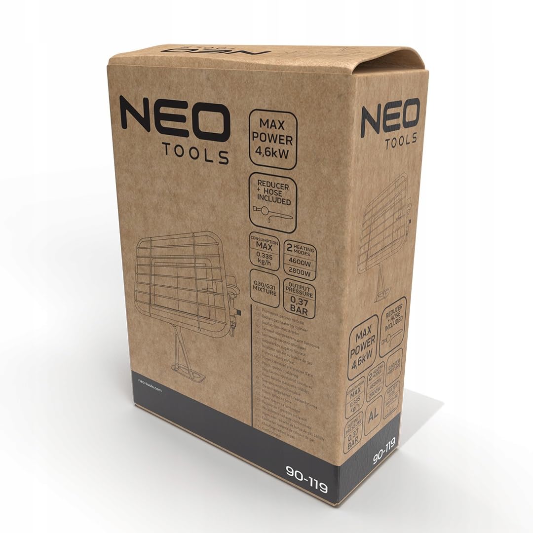 NEO TOOLS Stufa a gas, riscaldatore a gas, con regolatore di pressione, alimentato a gas propano, con tubo e regolatore - 34 x 13 x 40 cm - Potenza nominale - 4600 W