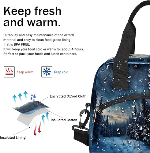 Miniatura 6 de Bolsa de almuerzo aislada con diseño de bosque estrellado, reutilizable, a prueba de fugas, lonchera con correa de hombro ajustable extraíble para