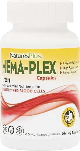 NaturesPlus Hema-Plex Hierro - 60 cápsulas de acción rápida - 85 mg de hierro elemental vitamina C y bioflavonoides para glóbulos rojos saludables