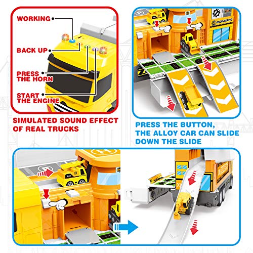 Dwi Dowellin Construction Truck Toys and Play Mat | Multifunction Scenestorage Truck with Sounds and Lights | Die-cast Vehicle Car Toys Set | Birthday Gift Toys for Boys 3,4,5,6,7 Year Olds - Thumbnail 5