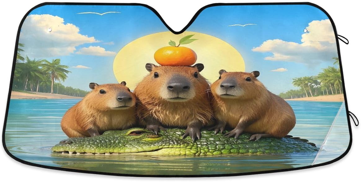 senya Car Windshield Sunshade Capybara Crocodile Orange Blocks Sun Visor Protector Foldable Sun Shield Keep Your Vehicle Cool
