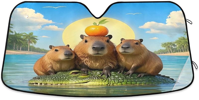 Protetor Solar Dobrável para Para-brisa senya Capivara e Crocodilo Laranja 140 x 70 cm