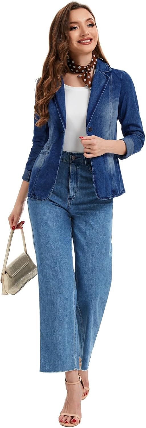Womens Denim Jackets Long Sleeve Lapel Button Slim Office Pocket Washed Business Jean Jacket - Image 3