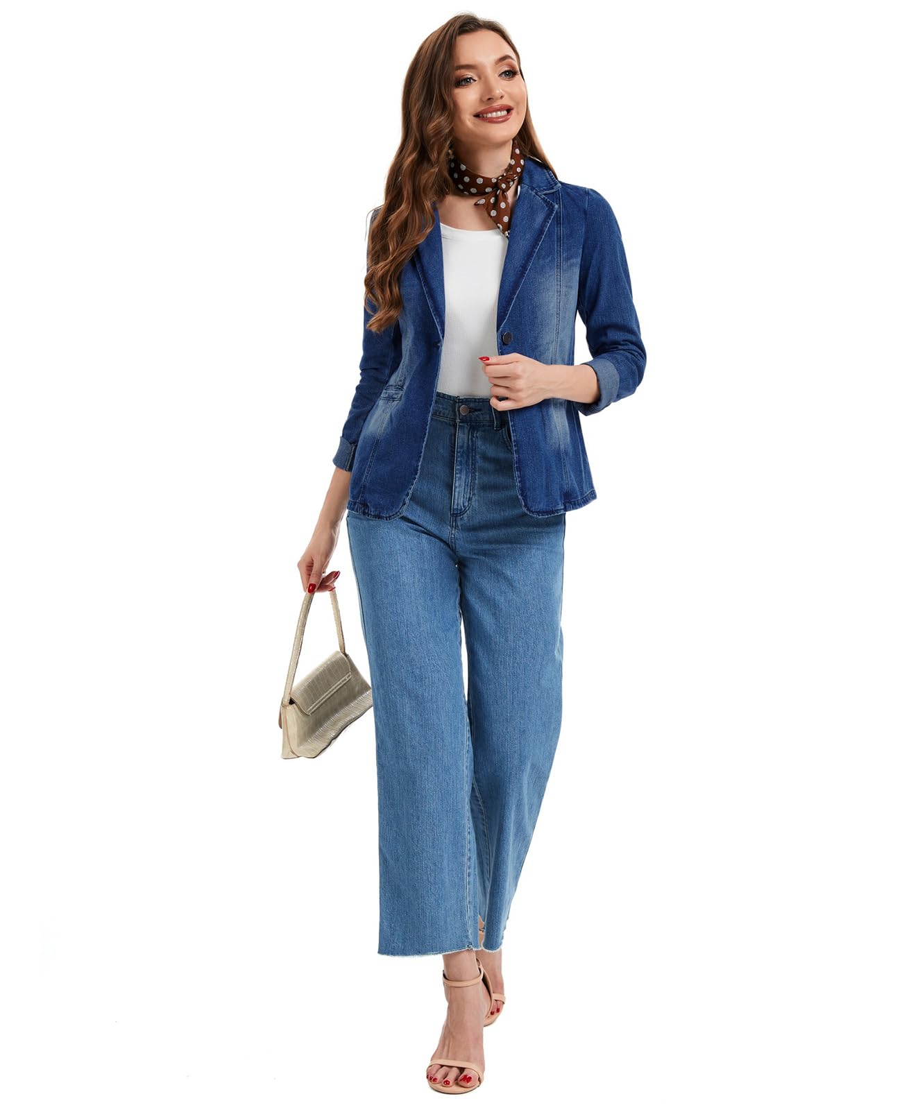 Blazer da donna in denim classico con risvolto tacca un bottone manica lunga slim ufficio denim giacca di jeans