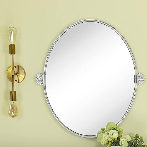 Miniatura 5 de TEHOME Espejo de tocador ovalado de níquel cepillado para baño, espejo inclinable para pared de 19 x 24 pulgadas