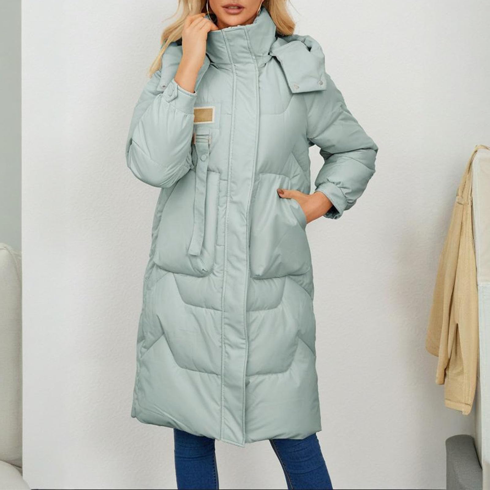 Veste d'hiver longue pour femme – Manteaux matelassés pour femmes, manteau décontracté et chaud à coupe ample pour femme, élégant et fin, à capuche avec fermeture éclair, longueur moyenne, imperméable