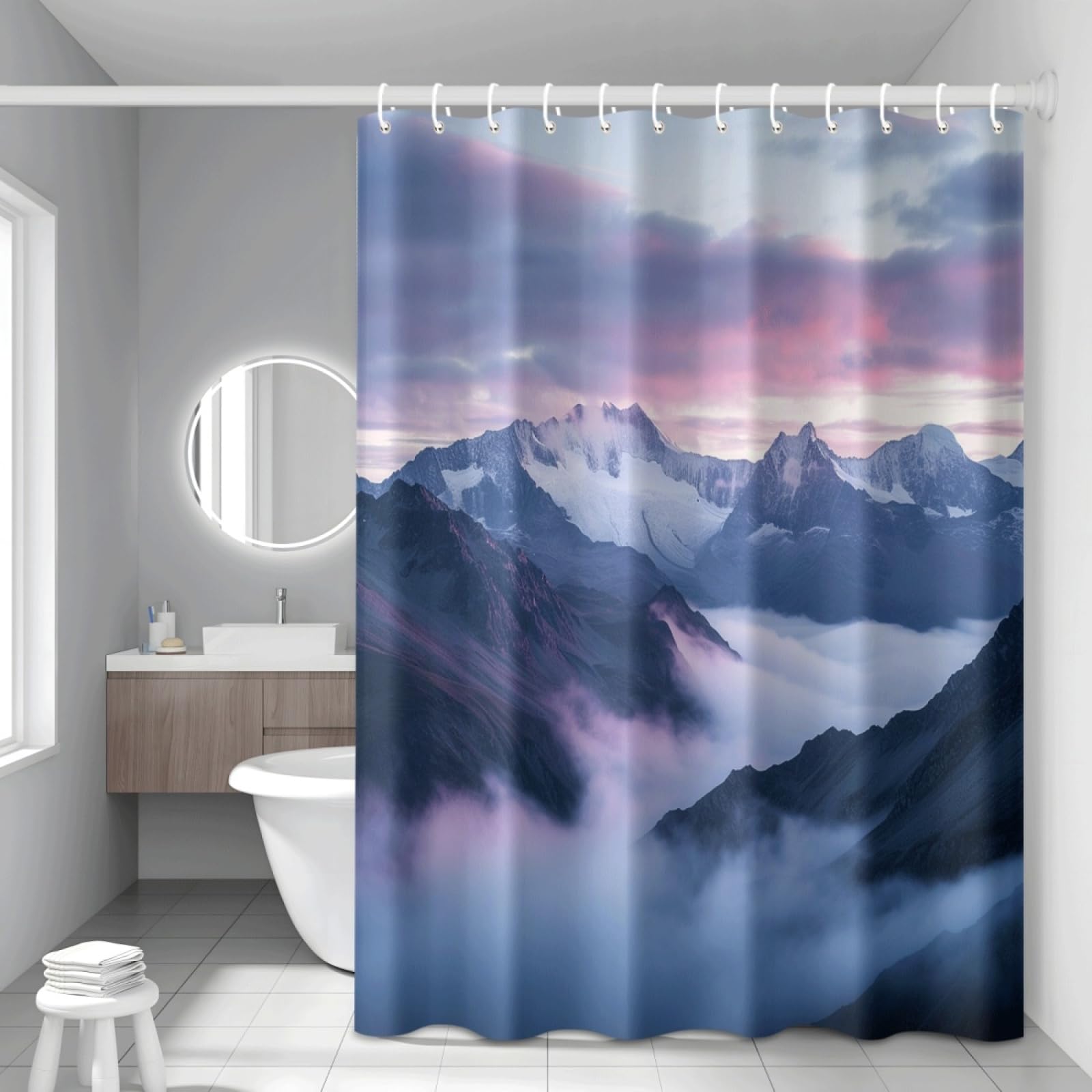 Hjoswvns Purple Shower Curtain Landscape Mould Resistant Shower Curtains For Bathroom Washable Polyester Bathroom Curtains Decor Wet Room Quick Dry Anti Mould Bath Curtain With 12 Hooks 180X220cm