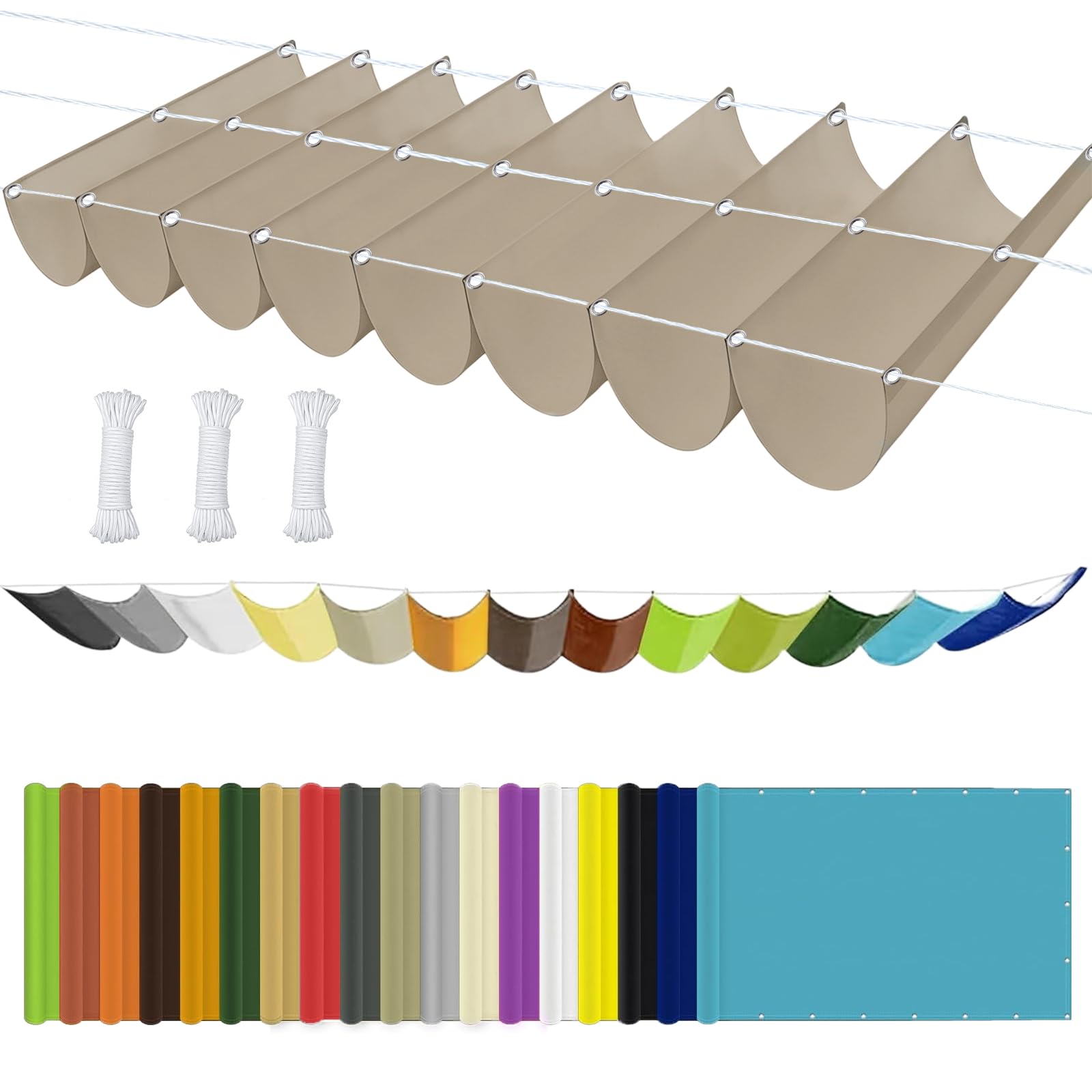Vela de Sombra Retráctil 0.9 x 17 m Impermeable, 98% Rayos UV Resistente Al Desgarro, Pabellón Toldo de Pérgola Retráctil, con Ojales y Cuerdas para Balcon, Patio, Caqui