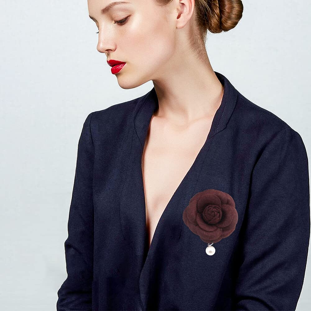 6PCS Camellia Pearl Brooch Corsage Brooch with Pearl Floral Flower Pin Brooch Costume Jewelry Dress for Scarves Chest Neckline Hat Clothing Decoration (Beige)