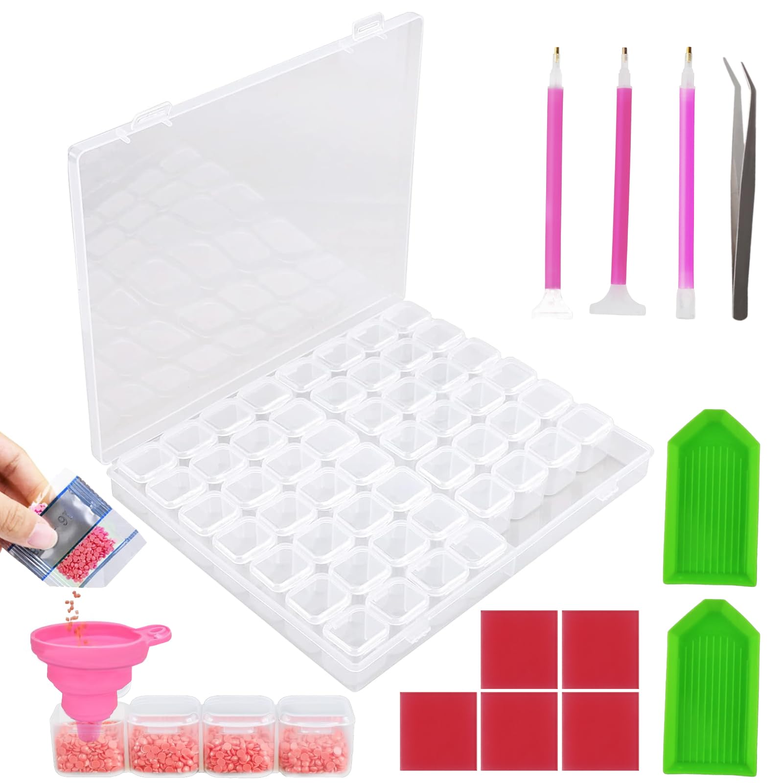 NVGVUP Diamond Painting Storage Box: 56 Grids Diamond Art Storage Boxes, Portable Diamond Art Accessories, Transparent Bead Zubehör Boxen mit Stift und Trichter, für DIY-Handwerk