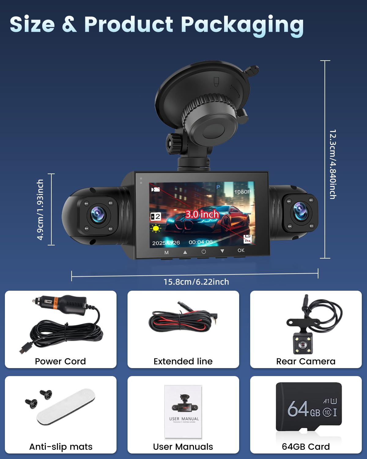 NHOPEEW 4 canali Dash Cam anteriore e posteriore - 1080P Dashcam con 360°Camera - 3 pollici schermo IPS con Registrazione in loop con sensore G Monitoraggio parcheggio 24 ore su 24 con visione nottura