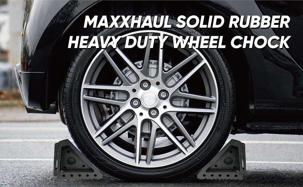 Image of MaxxHaul 50012 Rubber Wheel Chock With Rope - 8 inch x 5 inch x 4 inch - 2 pack,