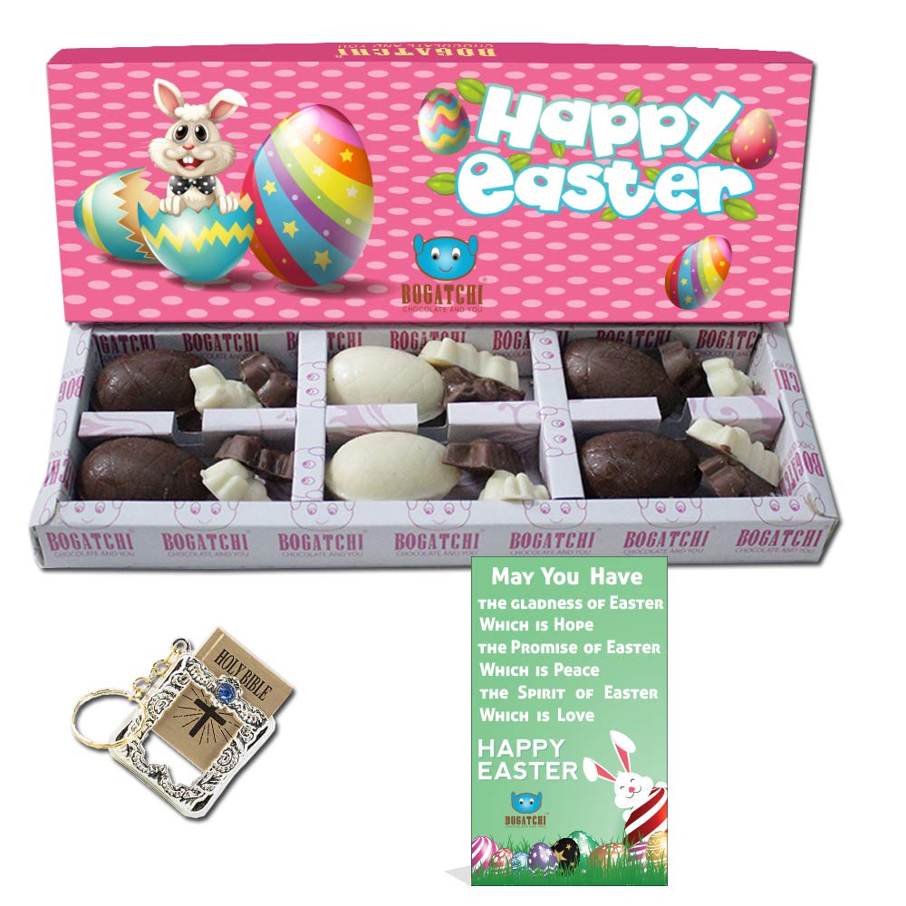 Chocolate Easter Eggs, 6 pcs and Chocolate Bunnies Gift Set, 12pcs + Holy Bible Key Chain and Free Happy Easter Card