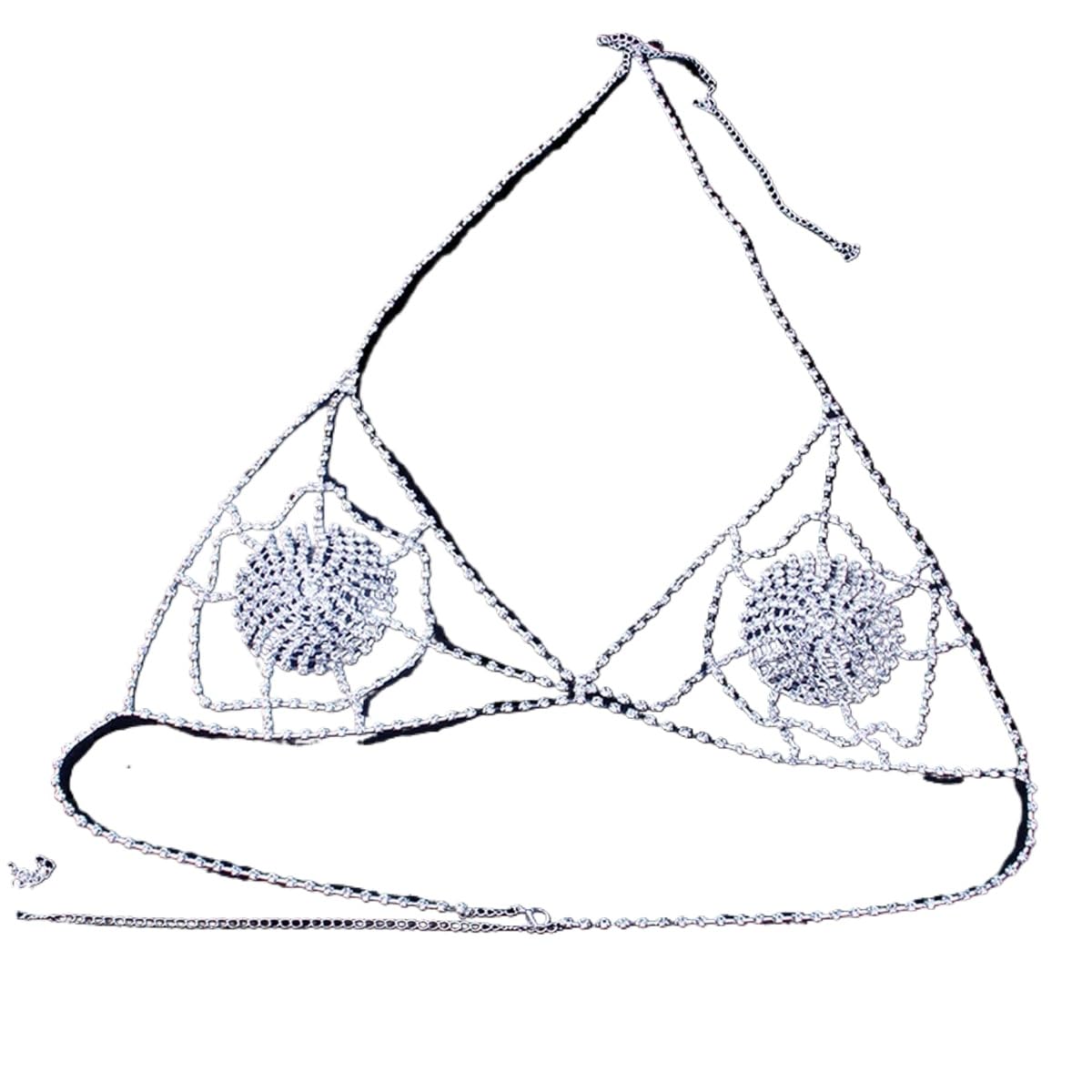 Sexy Diamond Chest Chain Bra Sparkly Rhinestone Body Chain Crystal Bikini Chest Jewelry Lingerie Woman Nightclub Clothing (Gold color)