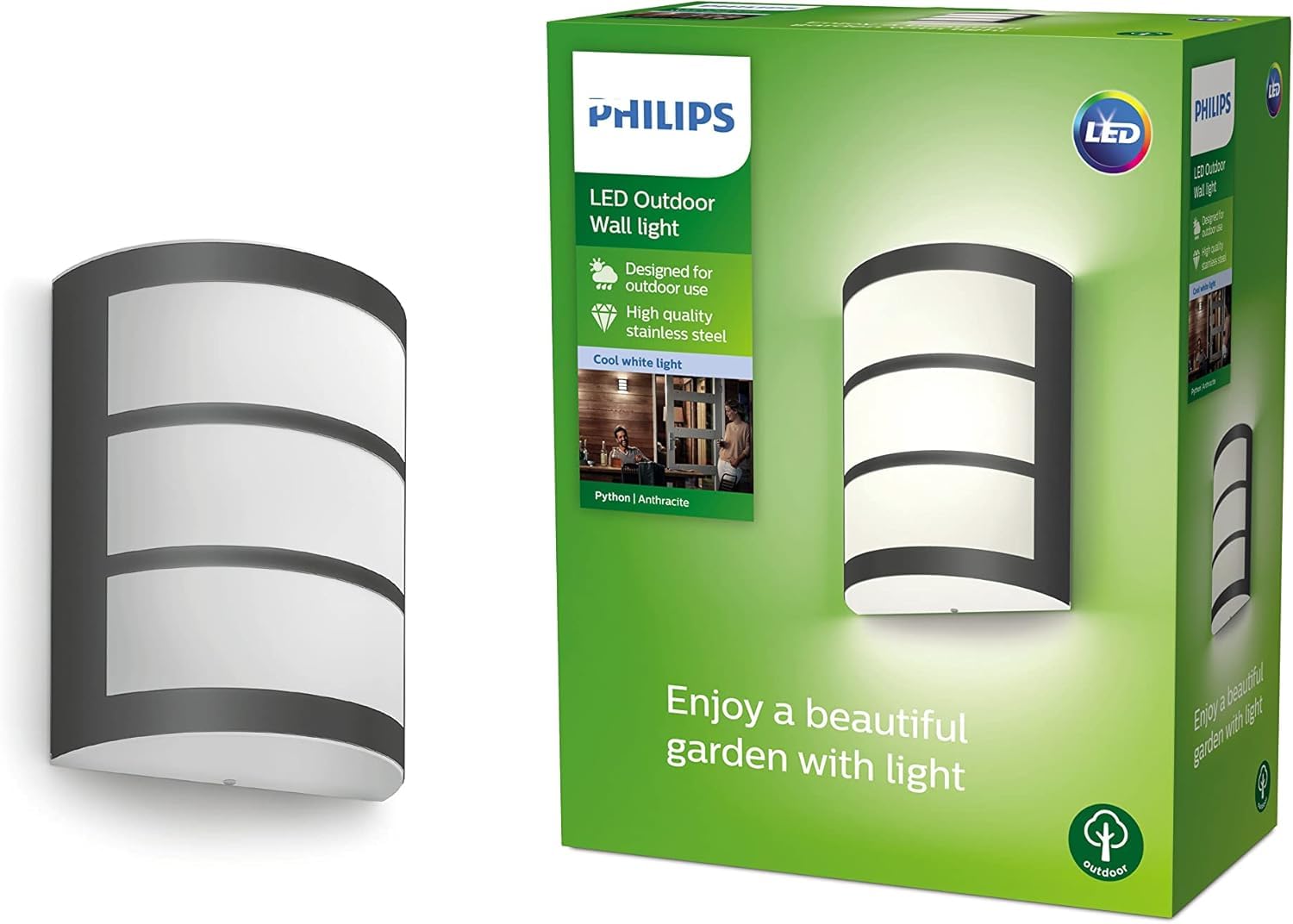 Philips LED Python Outdoor 6W Wall Light [Cool White - Anthracite Grey] Water Resistant IP44, for Garden, Patio and Terrace Lighting.