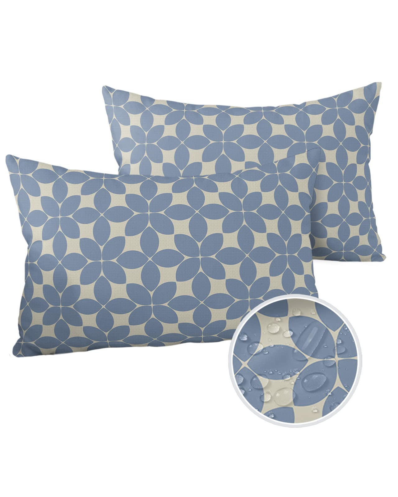 LBDecor Outdoor Throw Pillow Covers 20x12 Waterproof Geometric Flower Abstract Art Outdoor Pillows Decorative Pillow Covers Cushion Covers Pillowcase for Tent Patio Garden Couch Set of 2, Blue Beige