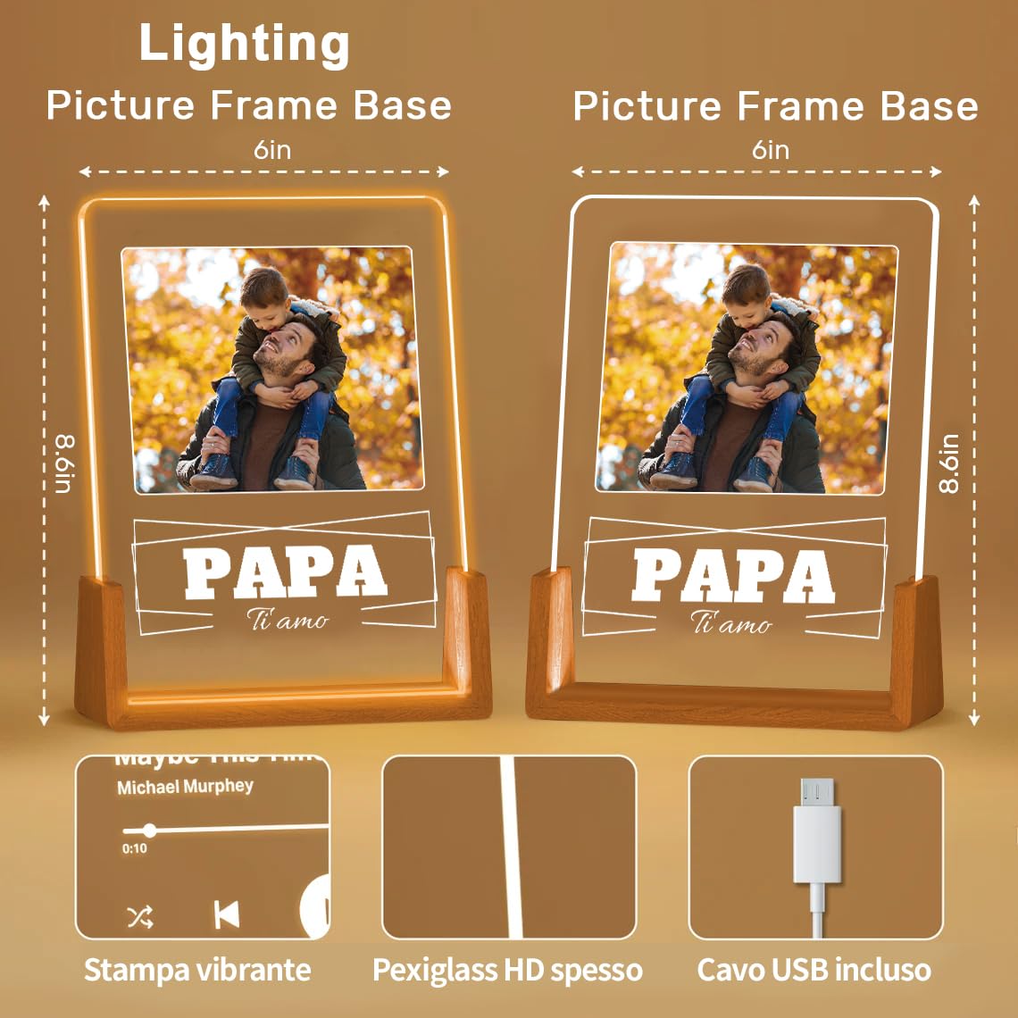 Lampada Foto Personalizzata Per La Festa Del Papà – Base In Legno Con Incisione Laser E LED A 7 Colori, Regalo Unico