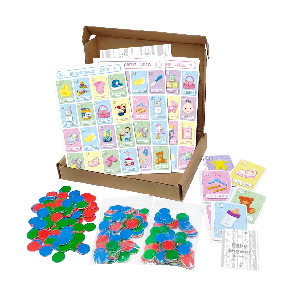 More Fiesta Baby Shower Bingo Tablas Game in Spanish, for 30 Players with Chips in A Box