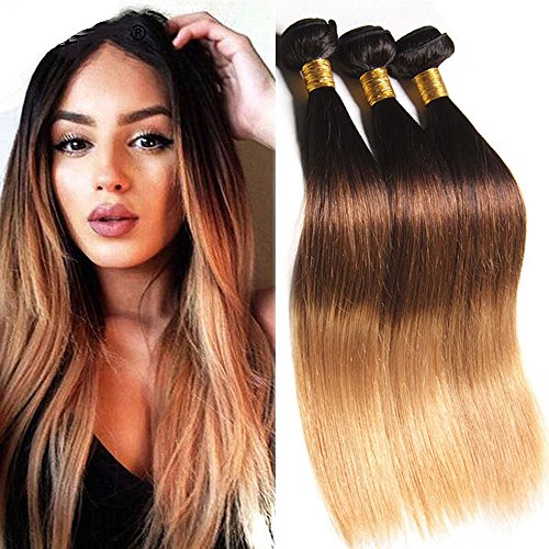 Hairitory Brazilian Ombre Straight Human Hair Bundles T1B/4/27 100% Unprocessed Virgin Remy Hair 3 Tone Hair Bundles Weave So Soft No Smell (16"18"18" 1b/4/27)