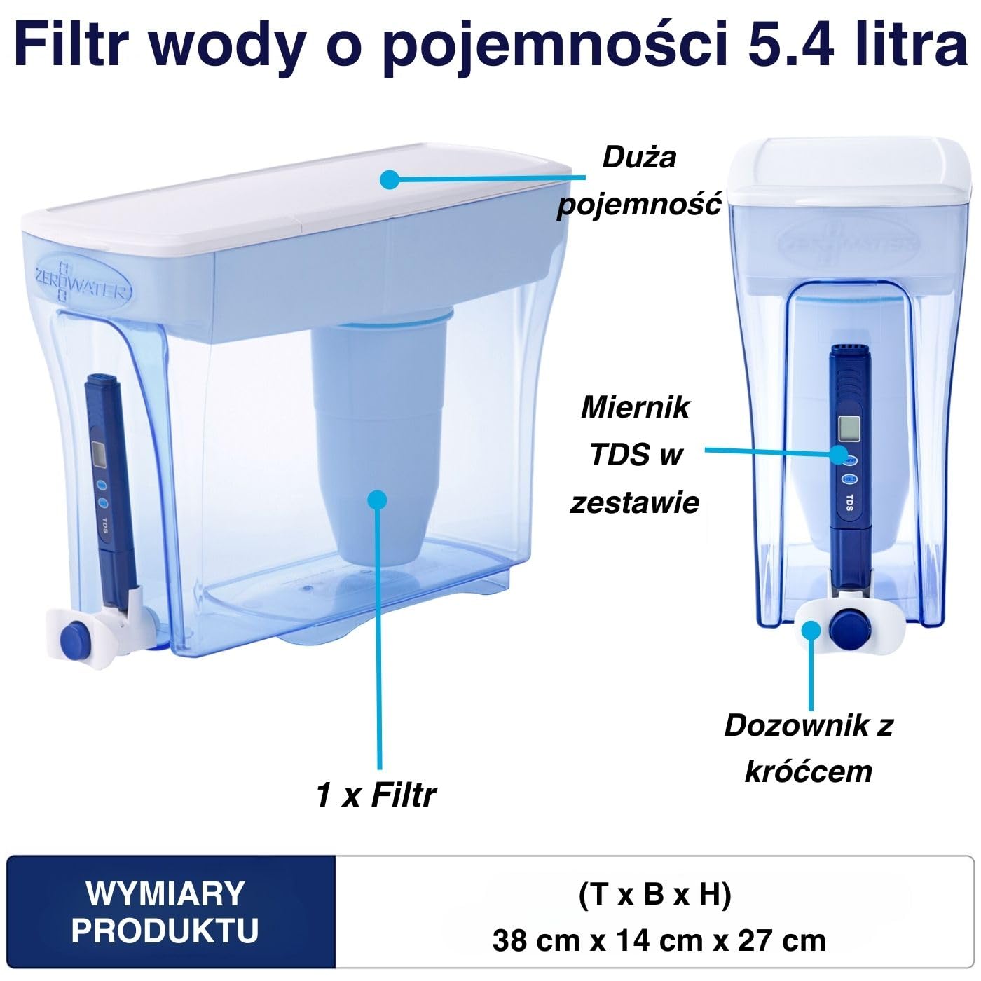 Zerowater ZD-018 Dystrybutor Wody, Niebieski/Biały, 5,7 L