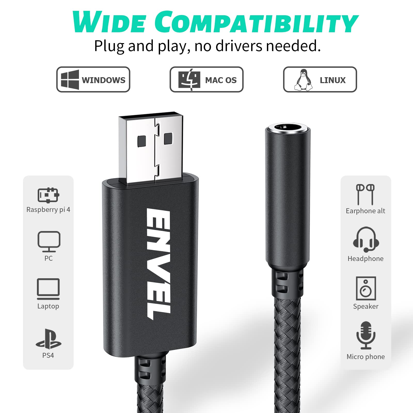 ENVEL USB to 3.5mm Jack Audio Adapter,External Stereo Sound Card for