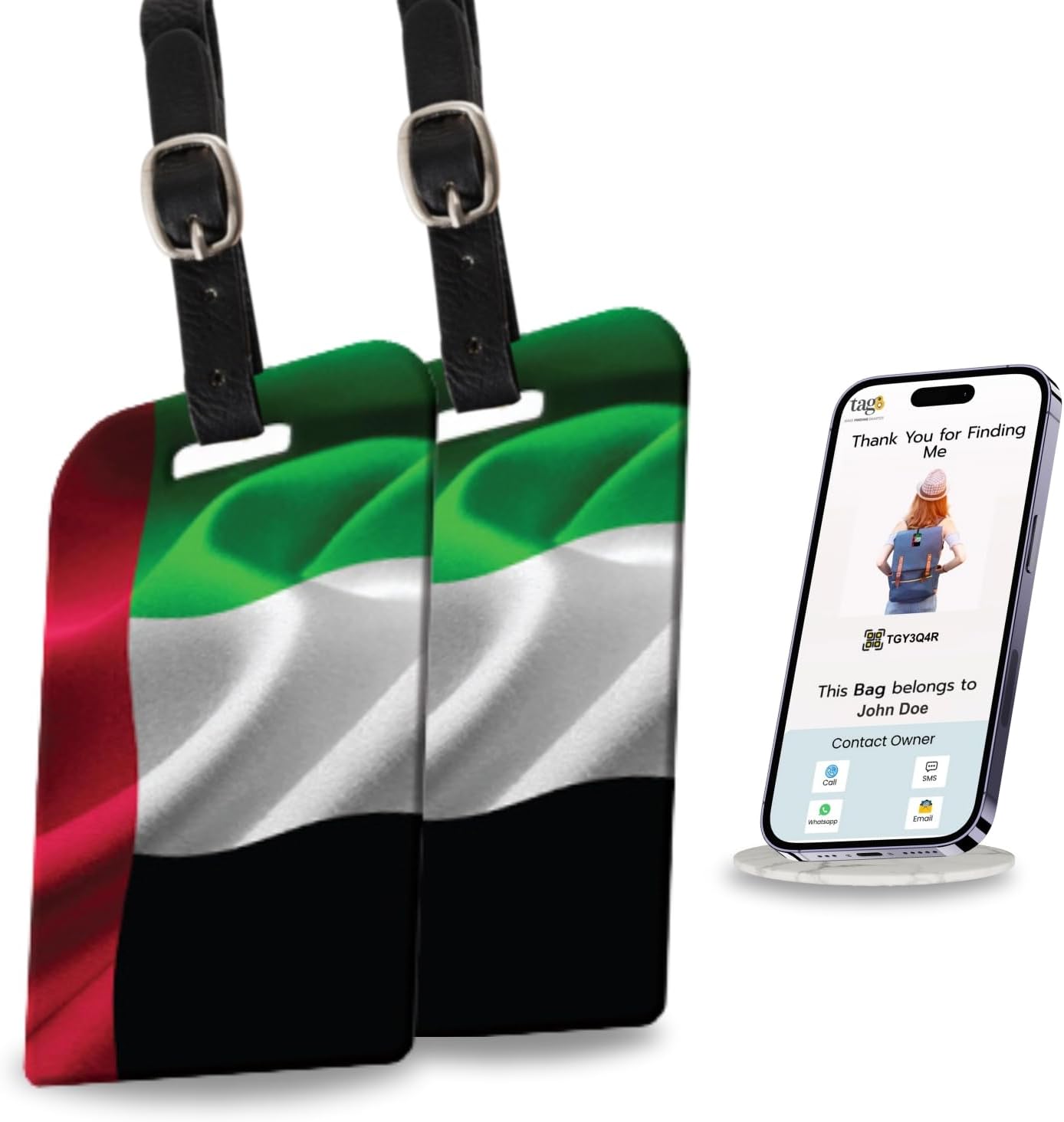 [Pack 2] tag8 UAE Flag Tag Smart Bag tag |Trendy Luggage tag ID Identification | Suitcase Tag | Fashionable Digital Name tag | Airline Compliant, SITA World Tracer Code Enabled | Gift idea