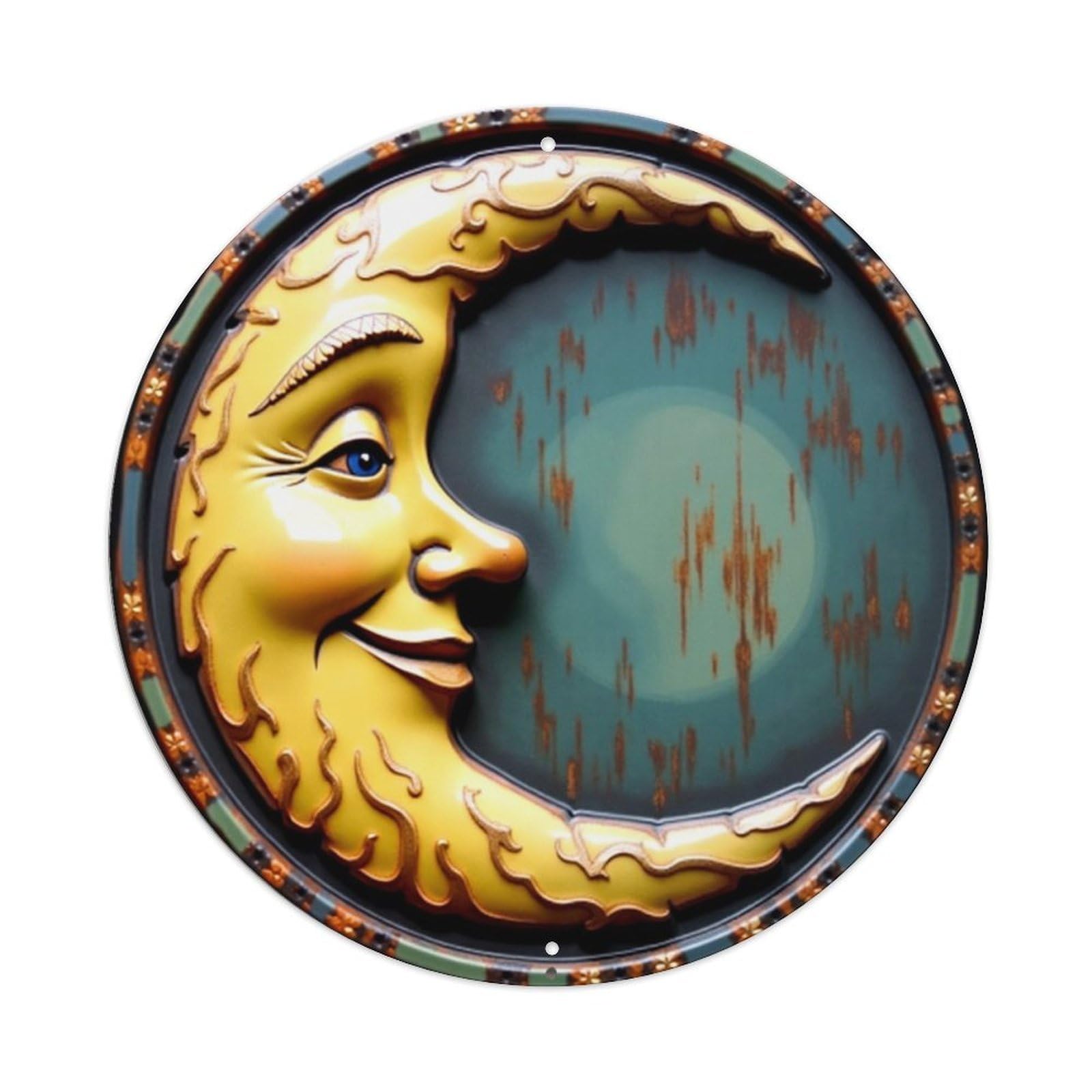 Crescent Moon Face Pattern Print Vintage Round Tin Sign Retro Metal Wall Decor Metal Poster, Home Bar Garage Cafe Wall Art Decoration 8x8Inches