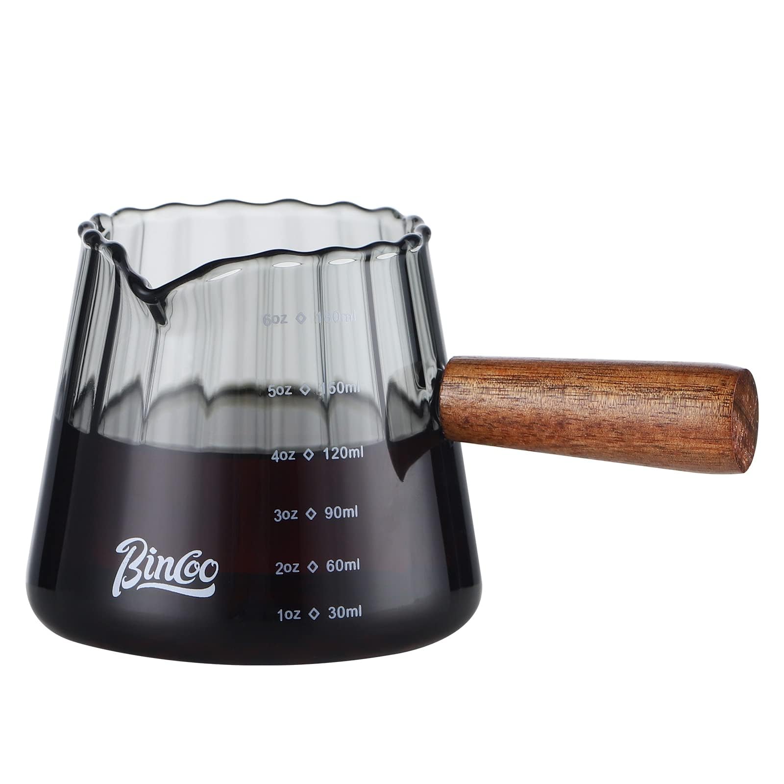 Bincoo 6oz Espresso Shot Glass with Wood Handle,Single Spouts Coffee Milk Measuring Cup with Clear Scale -Heat Resistant Glass Creamer for Coffee Tea or Maple Syrup Serving (180ML gray)