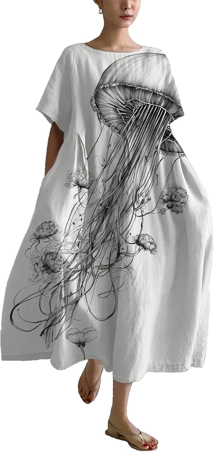 Summer Maxi Dress for Women Casual Plus Size Japanese Art Baggy Loose Fit Crew Neck Short Sleeve Beach Dress