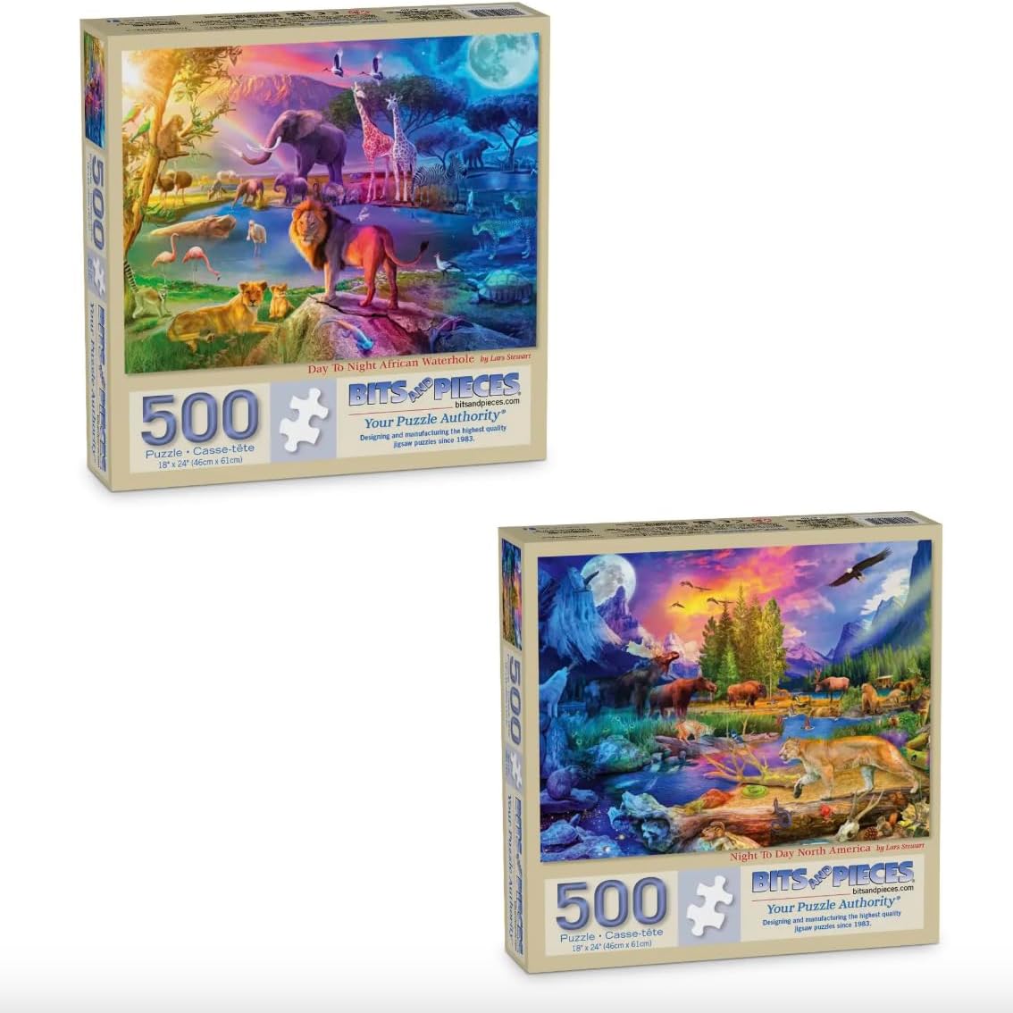 Bits and Pieces Jigsaw Puzzles for Adults - 2 Colorful Puzzles - Value Set of 2 - Animal Puzzles for Adults Colorful Puzzles Bundle Featuring Wildlife Scenes (Two 500 Piece Puzzles)