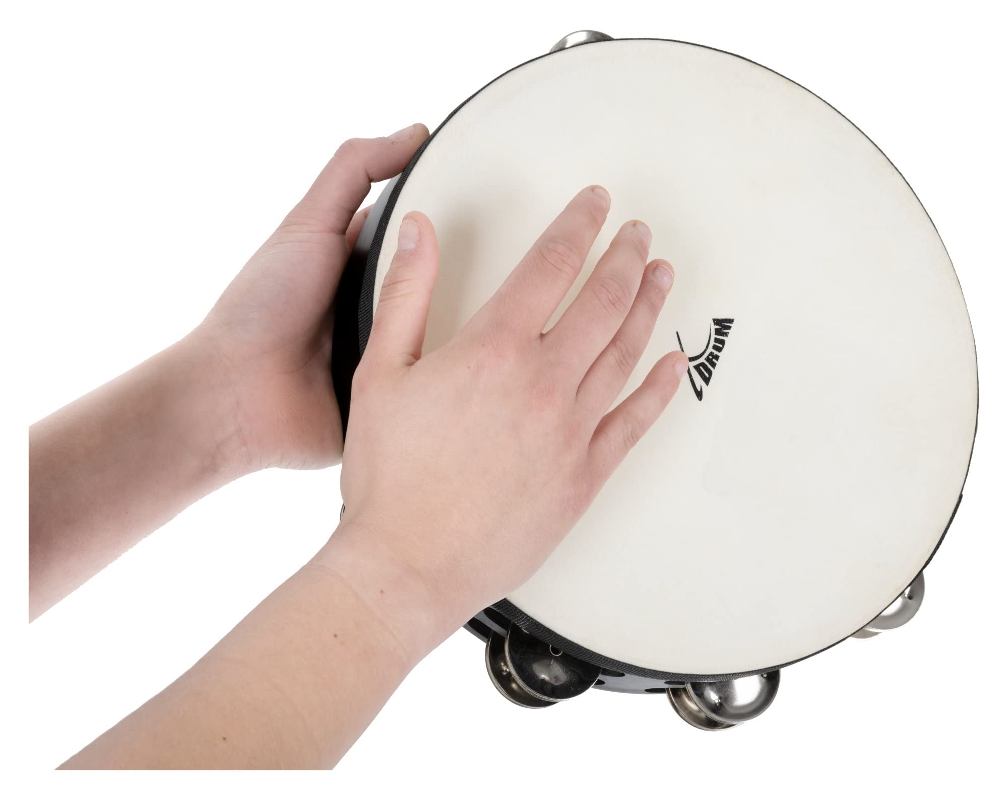 XDrum TMF10-BK Tamburello 10" con Pelle, Diametro: 10" (25, 4 cm) | 4 cm), 16 coppie di jingles in acciaio inox, Doppia fila, Pelle naturale selezionata, Cornice in acero nera, Altezza: 5, 5 cm