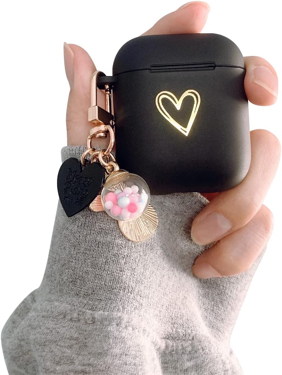 Ownest Compatible for AirPods Case Soft TPU with Gold Heart Pattern Cute Lucky Ball Keychain Shockproof Cover Case for Girls Woman Airpods 2 &1-Black