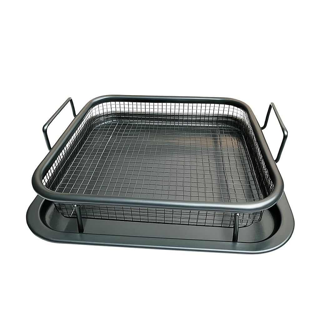 Air Fryer Basket for Oven – 2 Piece Stainless Steel Crisper Tray & Mesh Basket Set, Non-Stick Elevated Oven Baking Tray, Extra Large for Crispy Chicken, French Fries & Onion Rings – Black Color