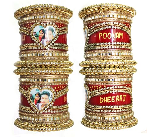 Image of Anwar Rajwada Heart Shape Custamised Husband Wife Red Name Photo Chooda Set
