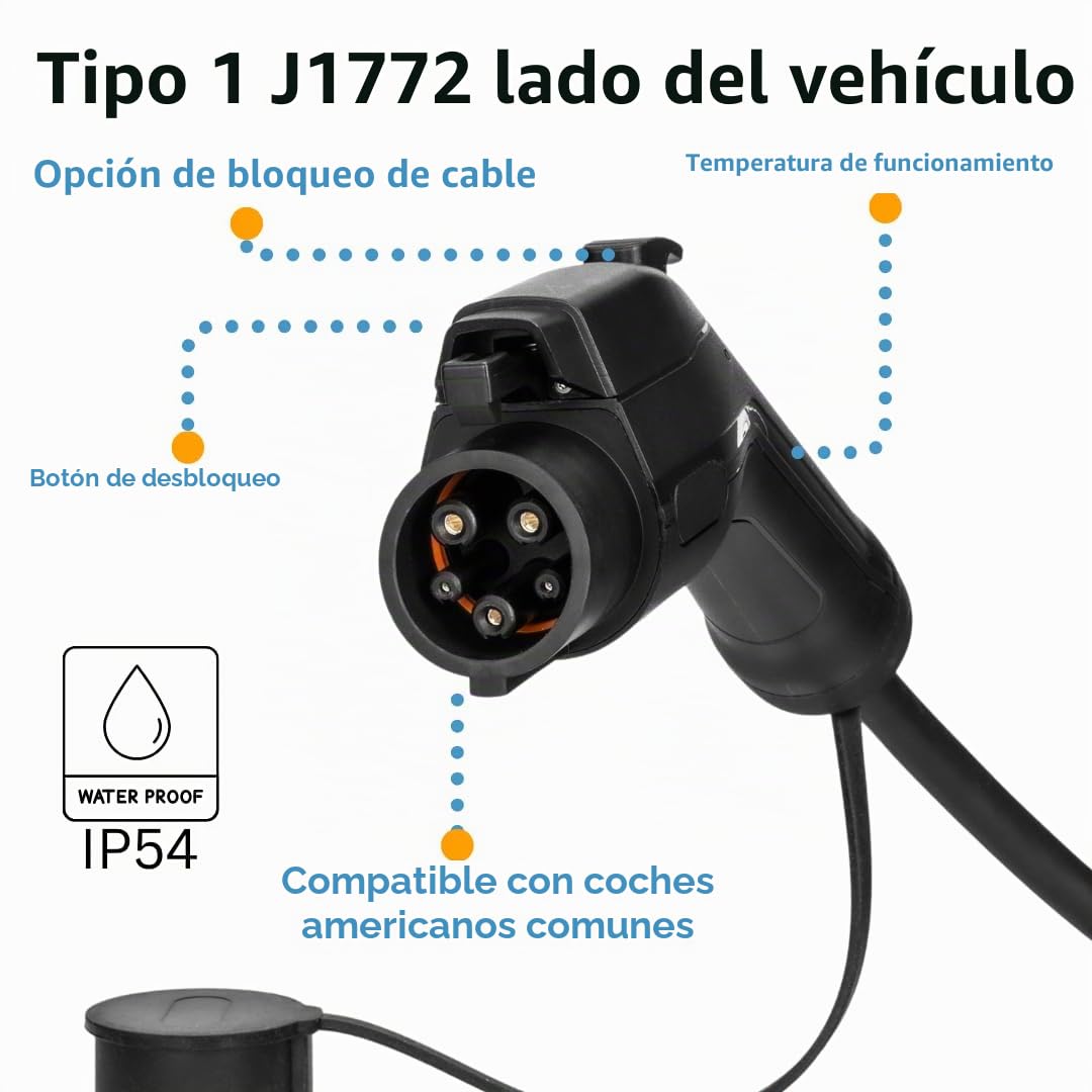 Cable de Carga Tipo 2 a Tipo 1 para Coches Eléctricos – 7kW (32A, AC) – 5m – Compatible con Nissan Leaf, Kia Soul EV, BMW i3 (US), VW e-Golf (US) – IP54 – 2 Años de Garantía