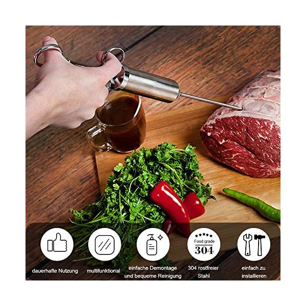 BBQ Bratenspritze Marinade Injector 60ml mit 3 Nadeln Marinadenpinsel, Edelstahl 304 Marinadenspritze Gewürzspritze… – Bild 7
