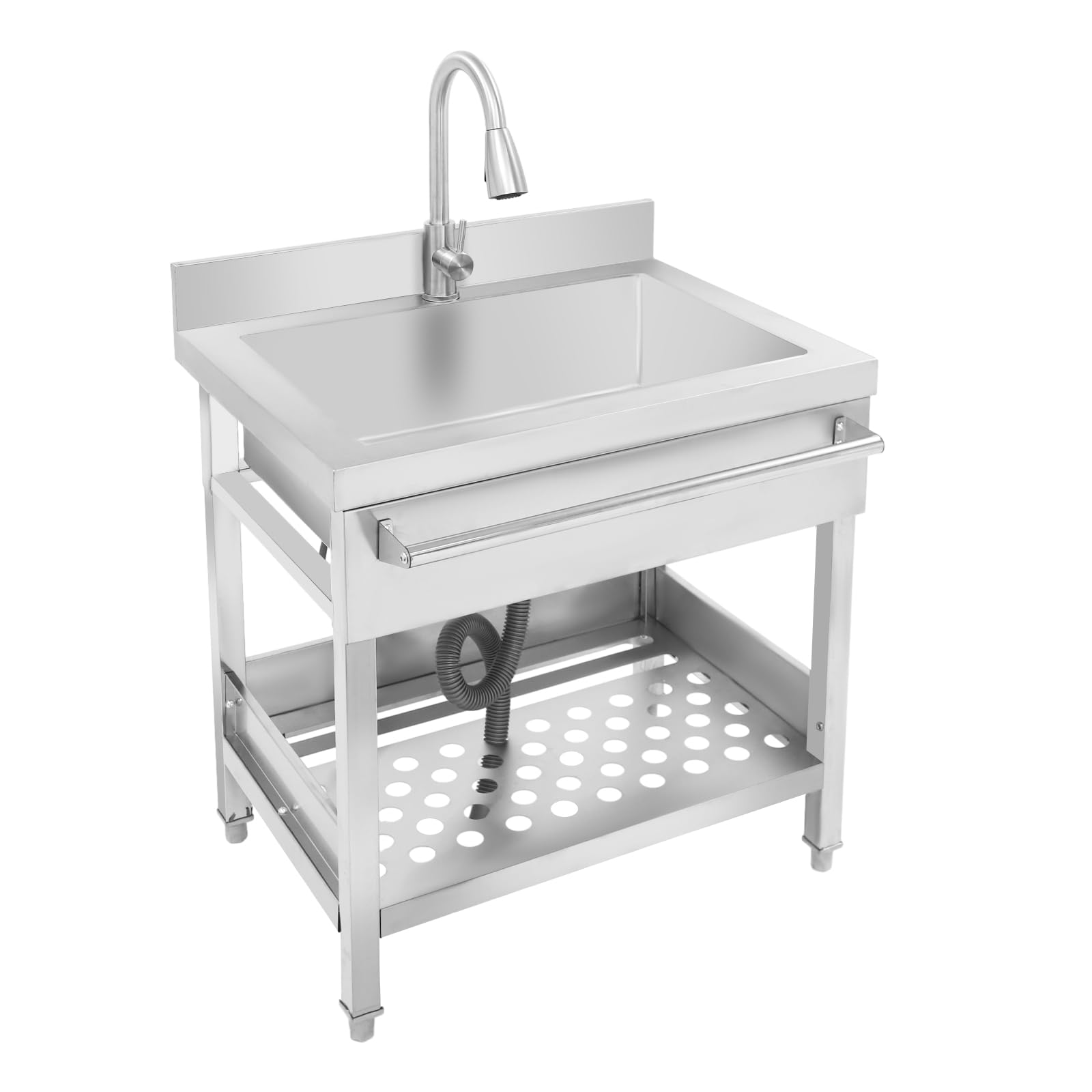 Lavello autoportante in acciaio inox con rubinetto estraibile, lavello da cucina mobile con rubinetto freddo e caldo, lavello singolo (76 x 56 x 90 cm), argento