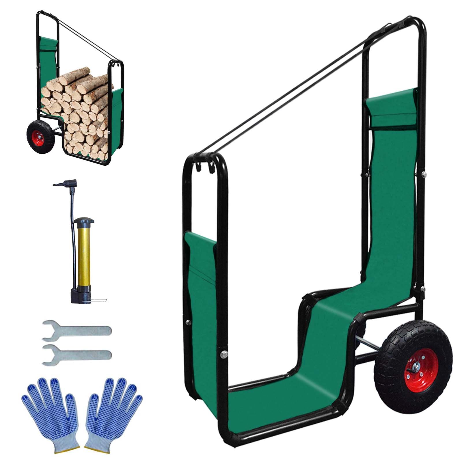 Carrello per legna da ardere con ruote grandi Carrello per legna da ardere in legno da esterno Carrello per legna da ardere assemblato con deflettore in PE verde e cinghie