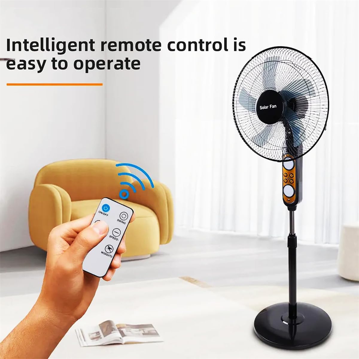 Ventilador de Pedestal oscilante Solar de 17'', Ventilador Recargable con Panel Solar/Control Remoto/Puerto USB/luz LED, Ventilador de pie silencioso Que Funciona con batería Recargable