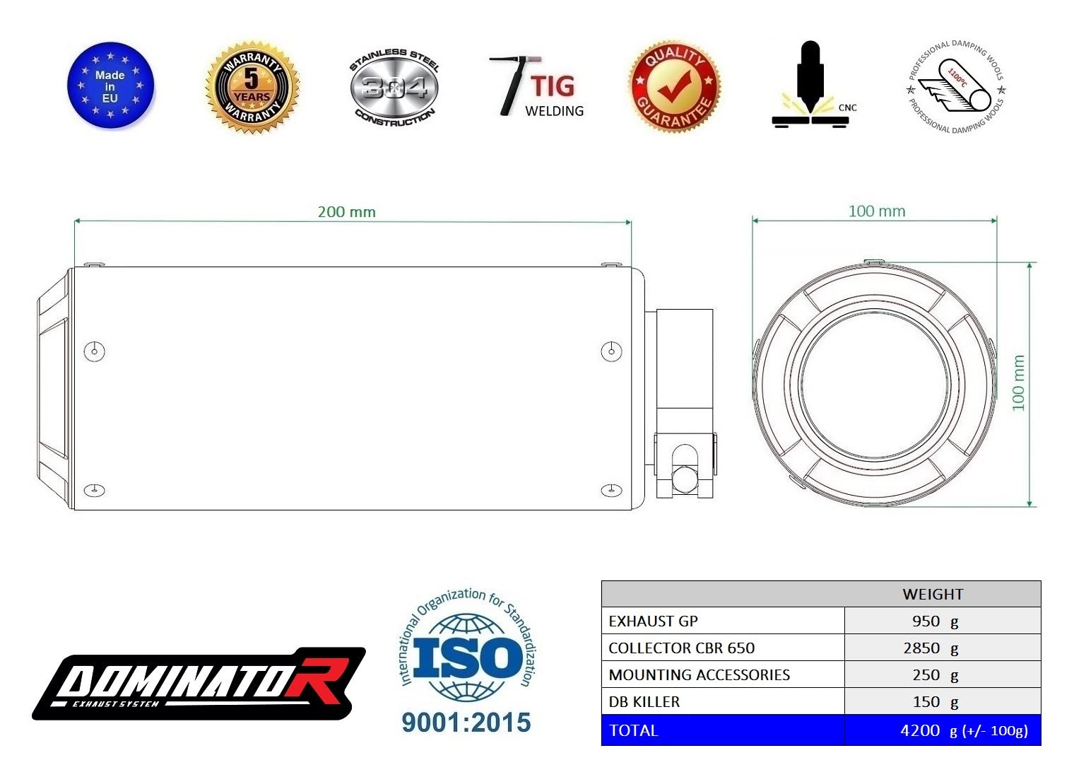 DOMINATOR Ligne complète d'échappement Collecteur Silencieux GP compatible avec CB 650 R 2019-2023