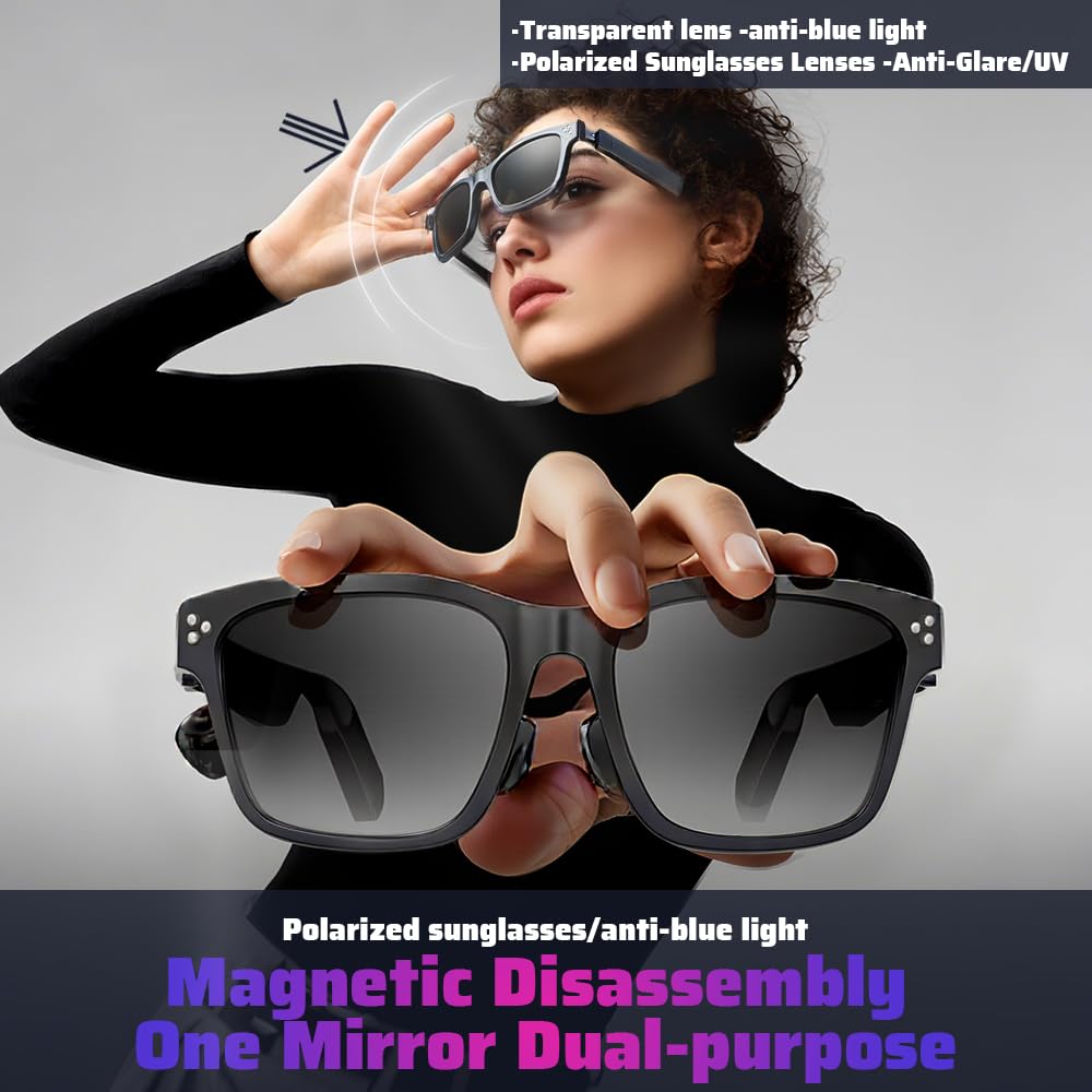 Lunettes Intelligentes avec haut-parleur Bluetooth, Lunettes de Soleil Polarisées Magnétiques avec Contrôle Tactile Protection UV, Audio HD, Télécommande Photo, Anti-Lumière Bleue