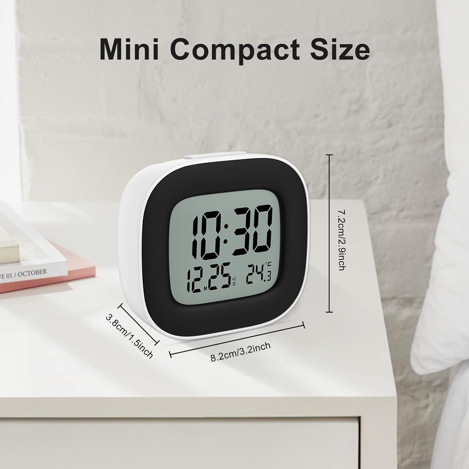 HOMVILLA Alarm Clock with dimensions labeled: 8.2cm width, 7.2cm height, 3.8cm depth