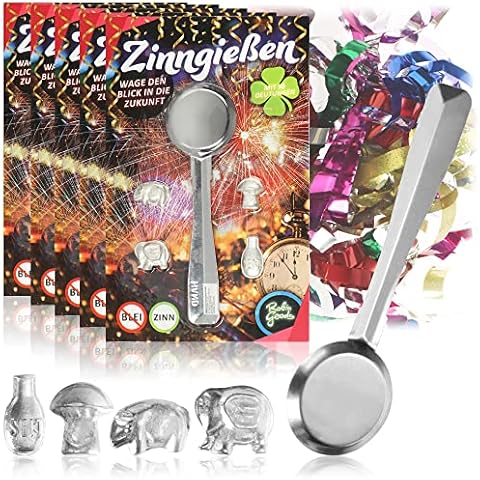 Robin Goods® 6X Zinngießen mit 4 Figuren und 1 Löffel, Silvestergießen das Wahrsagerei-Partyspiel - die gesunde Alternative zum Bleigießen, Nicht nur zu Silvester Cover