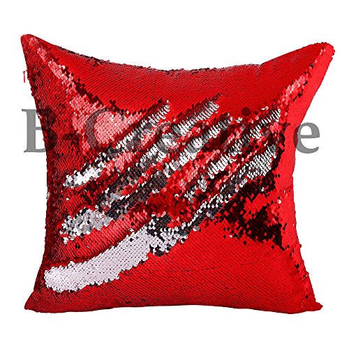 B-Creative Housse de coussin réversible à paillettes et paillettes - 40,6 cm - Rouge et argenté