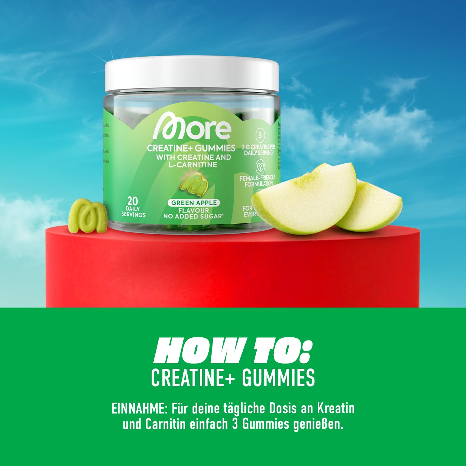 MORE Creatine+ Gummies, 60 Gummies, Green Apple, Nahrungsergänzungsmittel mit Kreatin und L-Carnitine