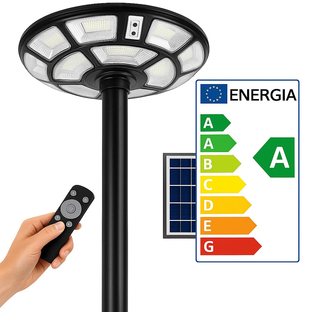 Generico Lampione Solare Esterno 2000 Watt, LED Stradale Giardino UFO con Telecomando, Sensore Movimento, Crepuscolare, IP66, Luce Fredda, Faretto Solare Alta Efficienza